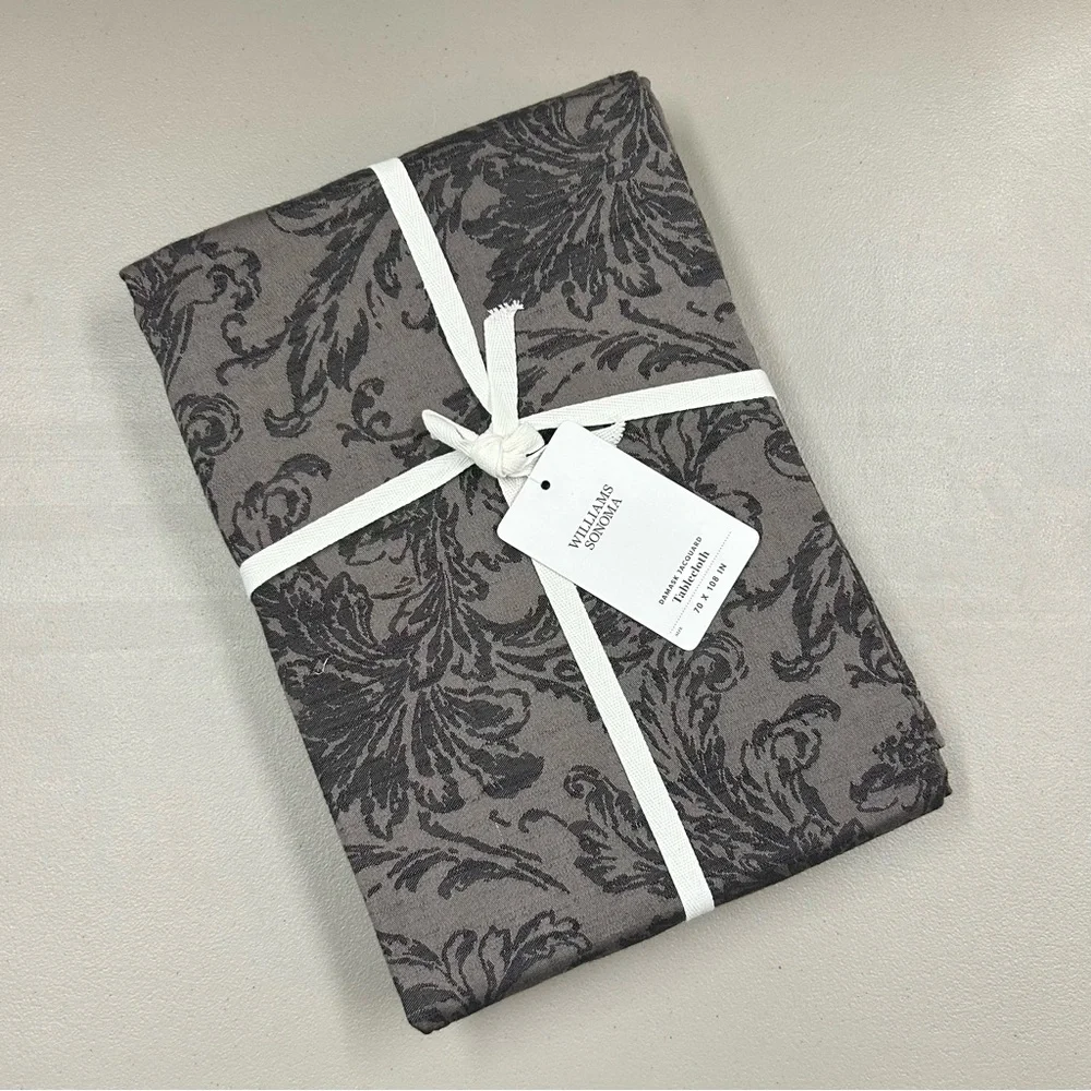 Williams Sonoma Damask Black Tablecloth Jacquard Cotton NWT 70